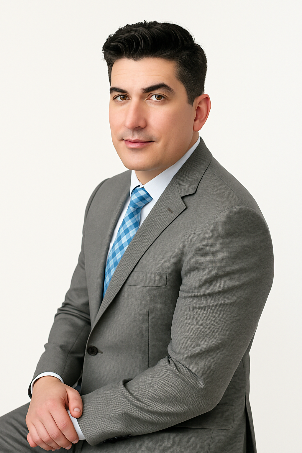 Portrait of a young man in a gray business suit with a blue checkered tie, seated against a plain white background.