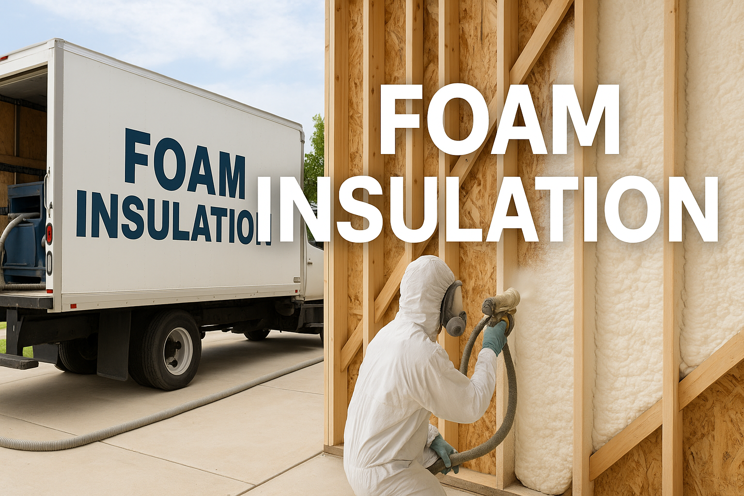 A worker wearing protective gear installs foam insulation on the wall of a house under construction, with a truck nearby labeled 'Foam Insulation'