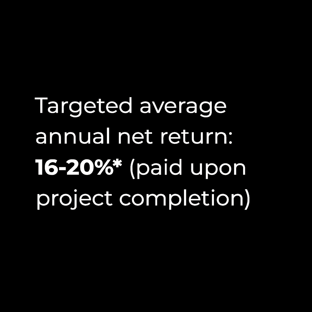 Black background with white text about targeted average annual net return of 16-20% paid upon project completion.