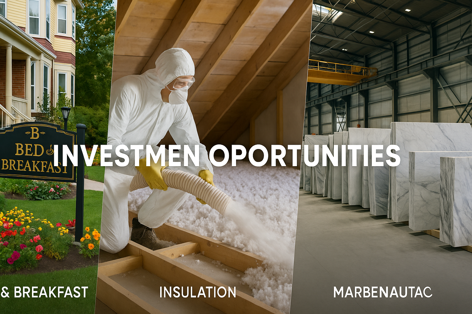 Collage image showing a bed and breakfast sign outside a house, a worker installing insulation in an attic, and marble slabs stored in a warehouse, with the words 'INVESTMEN OPORTUNITIES' overlaid.