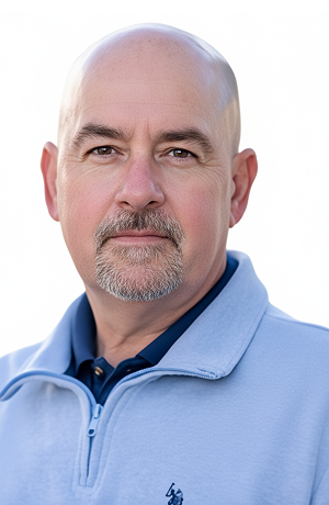 Close-up portrait of a middle-aged man with a bald head and gray beard, wearing a light blue jacket and looking directly at the camera against a white background.