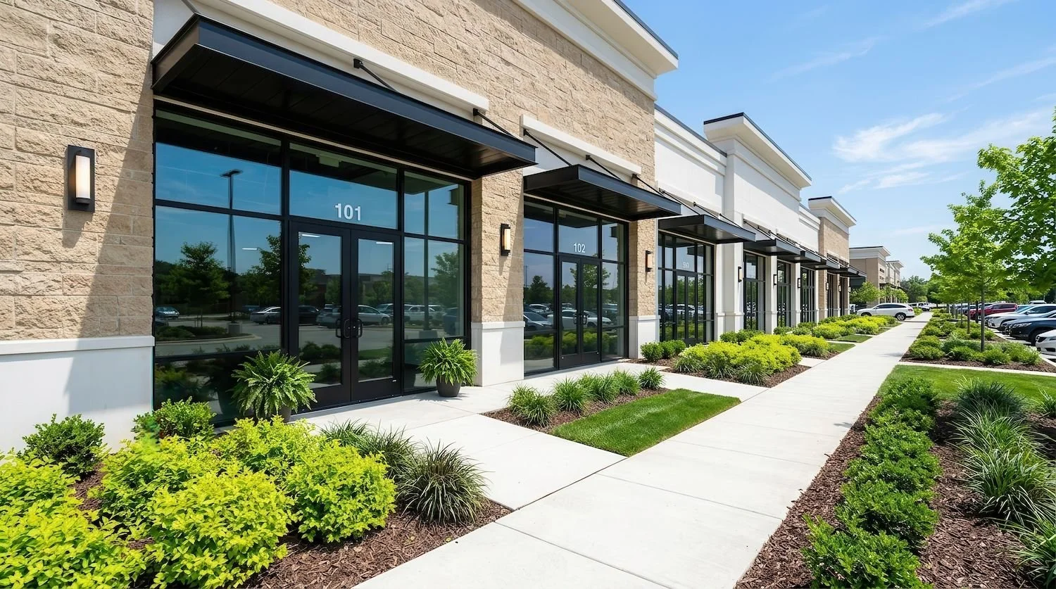 Retail storefront with plantings