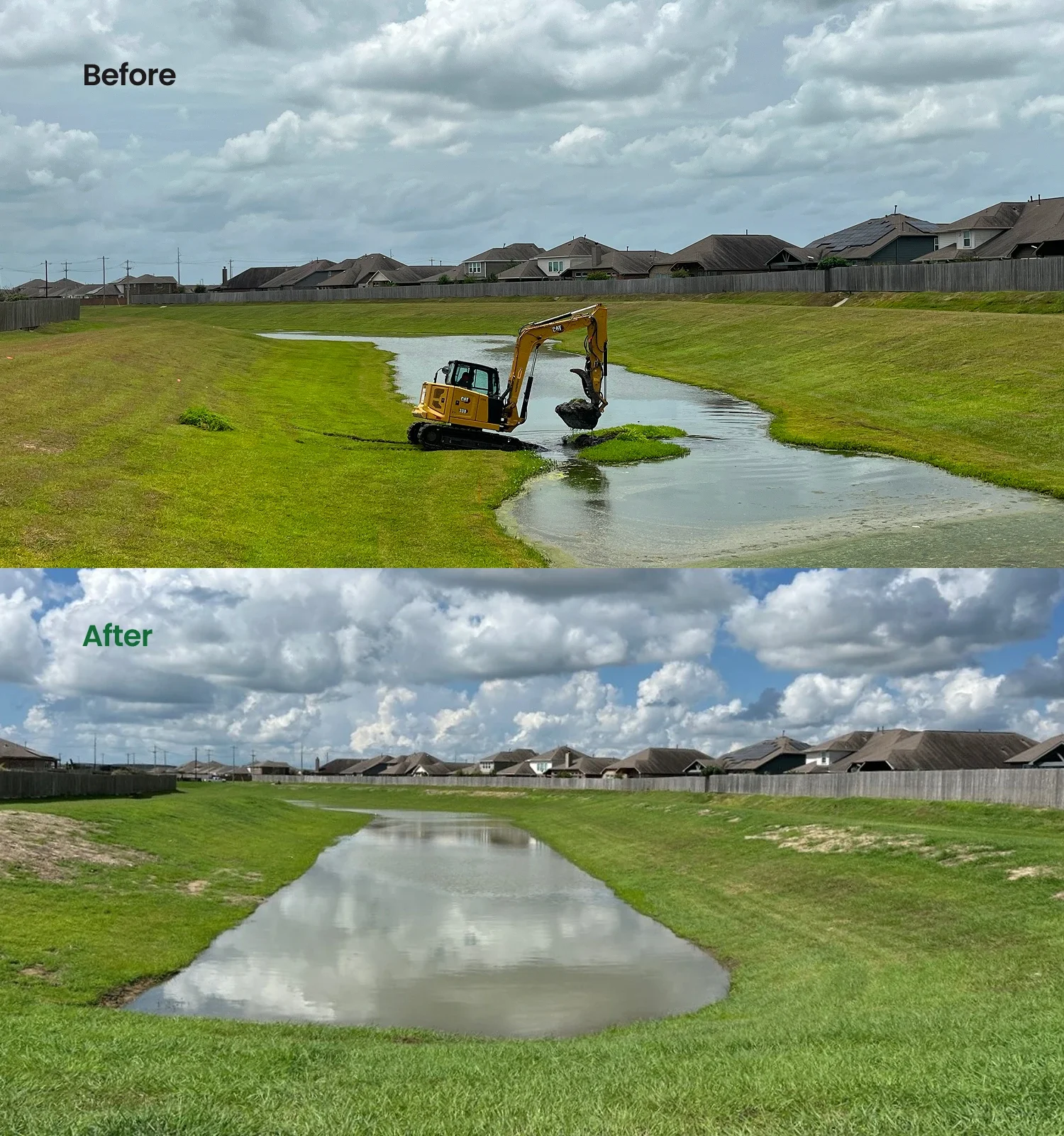 Comparison of a pond before and after cleaning, with the 'Before' showing a pond with water and the 'After' showing a cleared and refilled pond, under a partly cloudy sky.