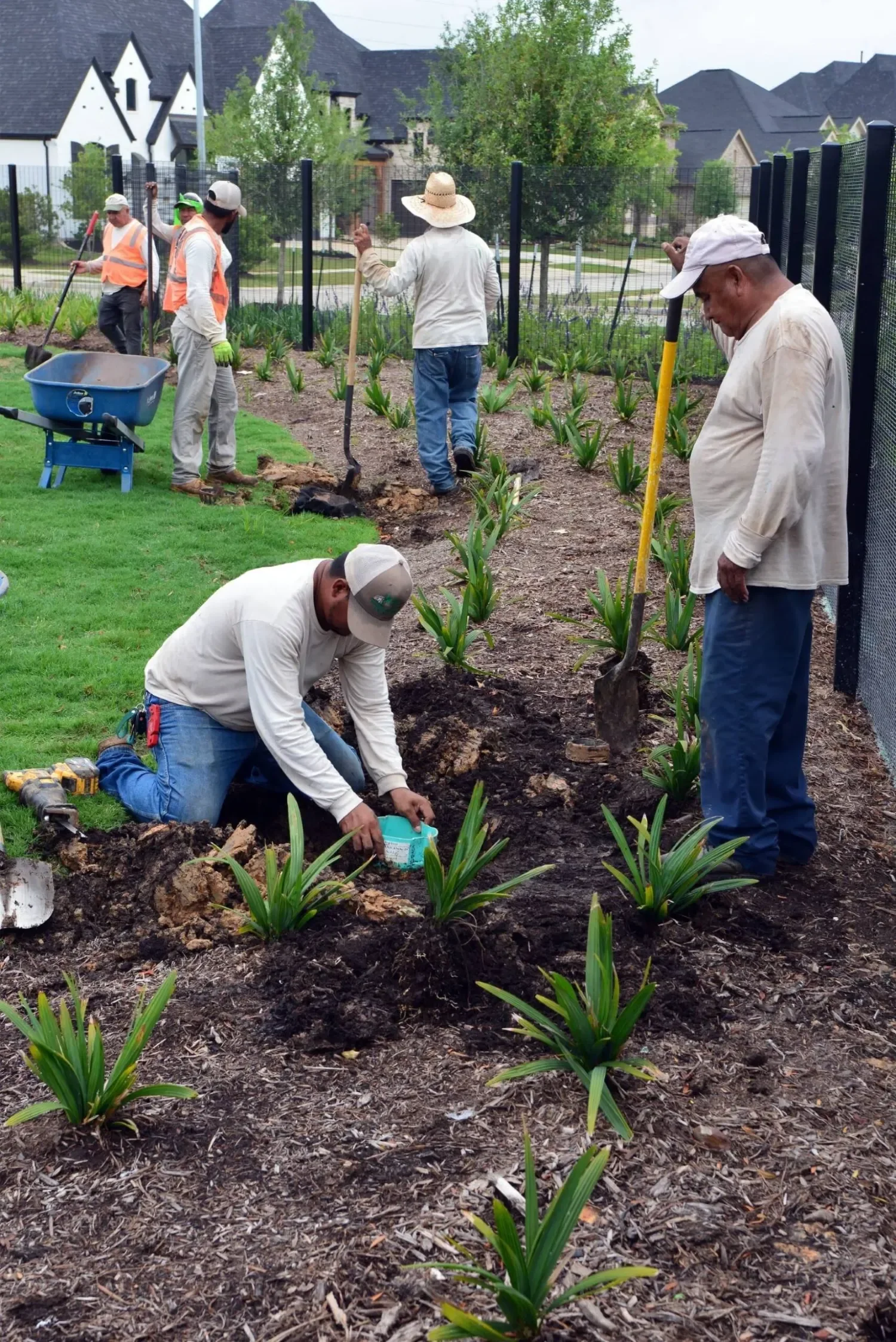 Field crew members preparing equipment in Houston, TX