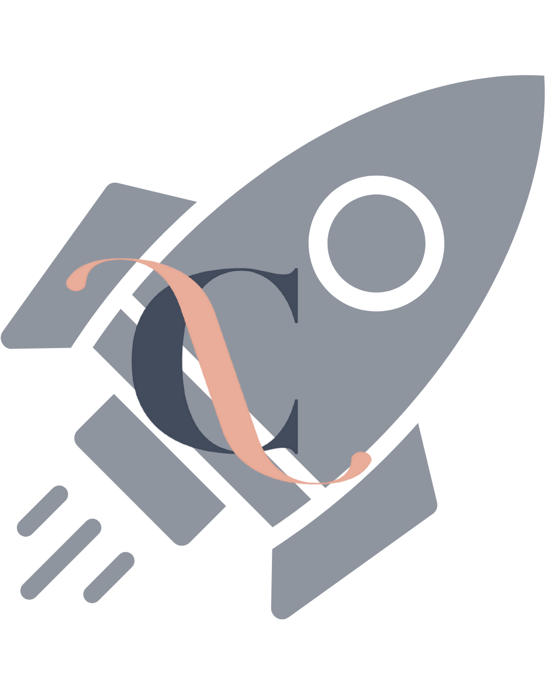 An illustration of a rocket ship with a stylized depiction of a planet and ring, set inside a launch pad and supportive structure.