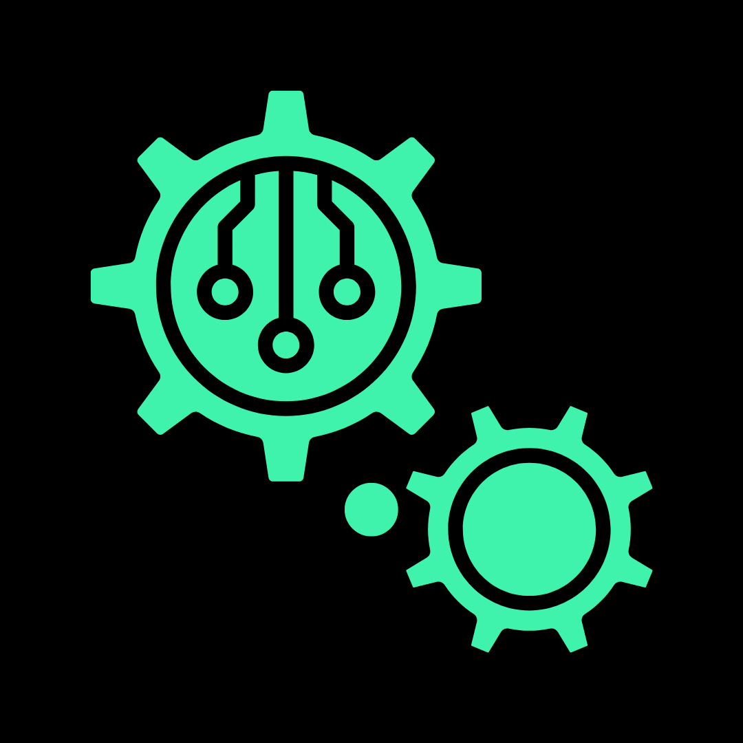Graphic illustration of two interconnected gear icons with circuit board elements inside the gears, representing technology or engineering concepts.