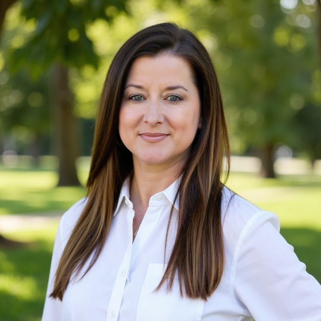 A woman with long brown hair wearing a white shirt outdoors in a park with green trees and grass. This is a profile pic of Stephanie Atkinson, CEO of Compass Intelligence.