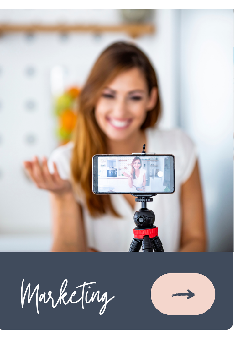 A young woman recording a video or taking a selfie with her smartphone mounted on a tripod, smiling and gesturing with her hand.