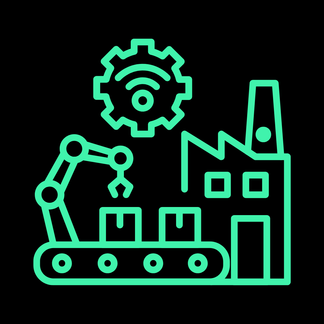 Neon outline of a factory with a robotic arm on a conveyor belt, a gear with a Wi-Fi symbol, representing automation and industrial technology.