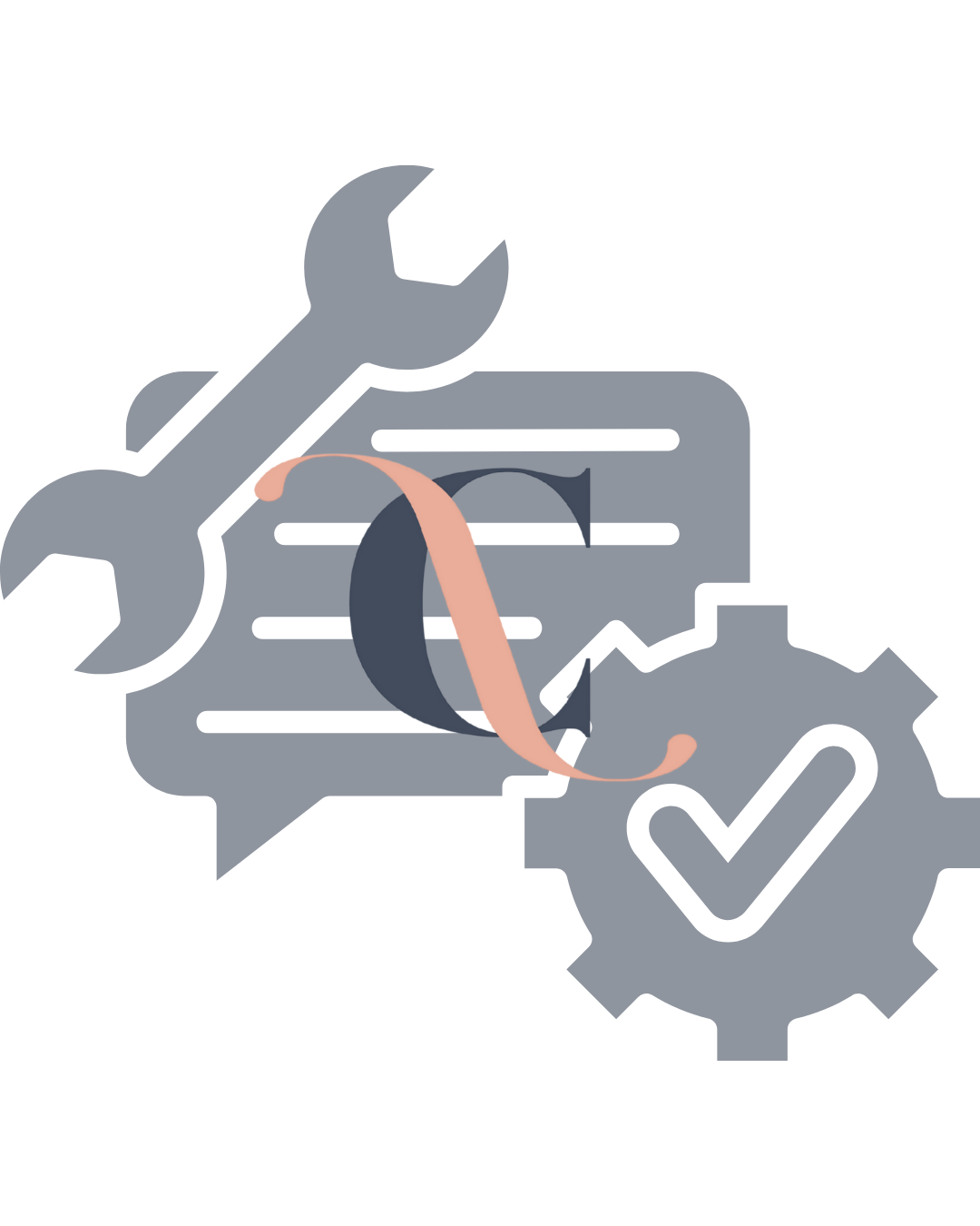 Icons of a wrench, gear with a check mark, speech bubbles, and a document symbol, representing maintenance, settings, and communication.