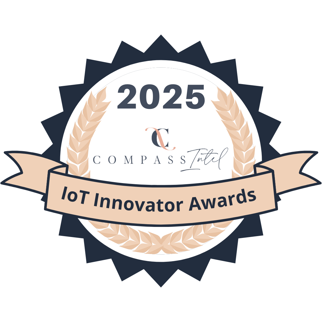 Badge for 2025 IoT Innovator Awards by CompassIntel featuring a laurel wreath, dates, and a ribbon with event name.