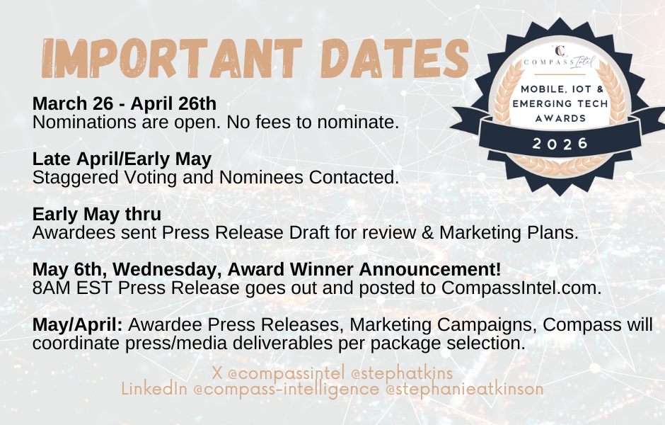 Digital graphic of important dates for the 2026 Mobile, IoT & Emerging Tech Awards, including nomination period, voting, press releases, and award announcement, with a logo and a background of interconnected dots.