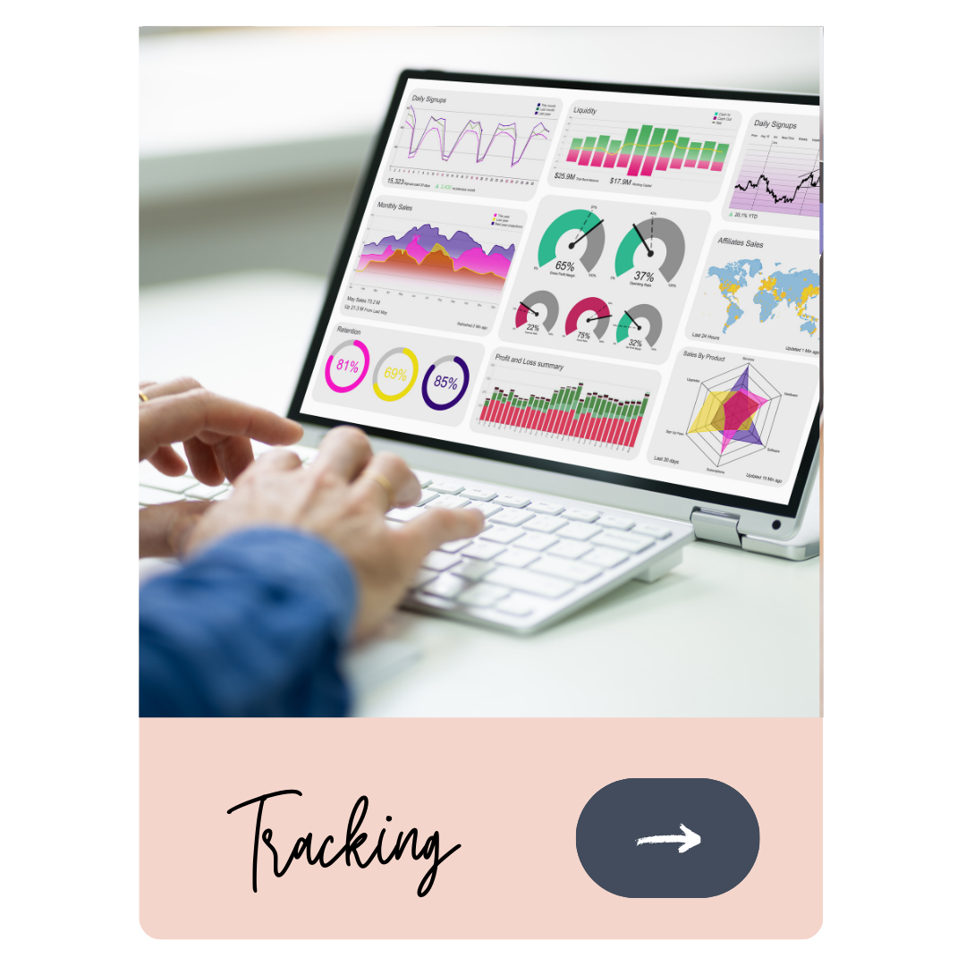 A person using a laptop displaying various data analytics dashboards, charts, and graphs related to business performance, sales, and marketing metrics.