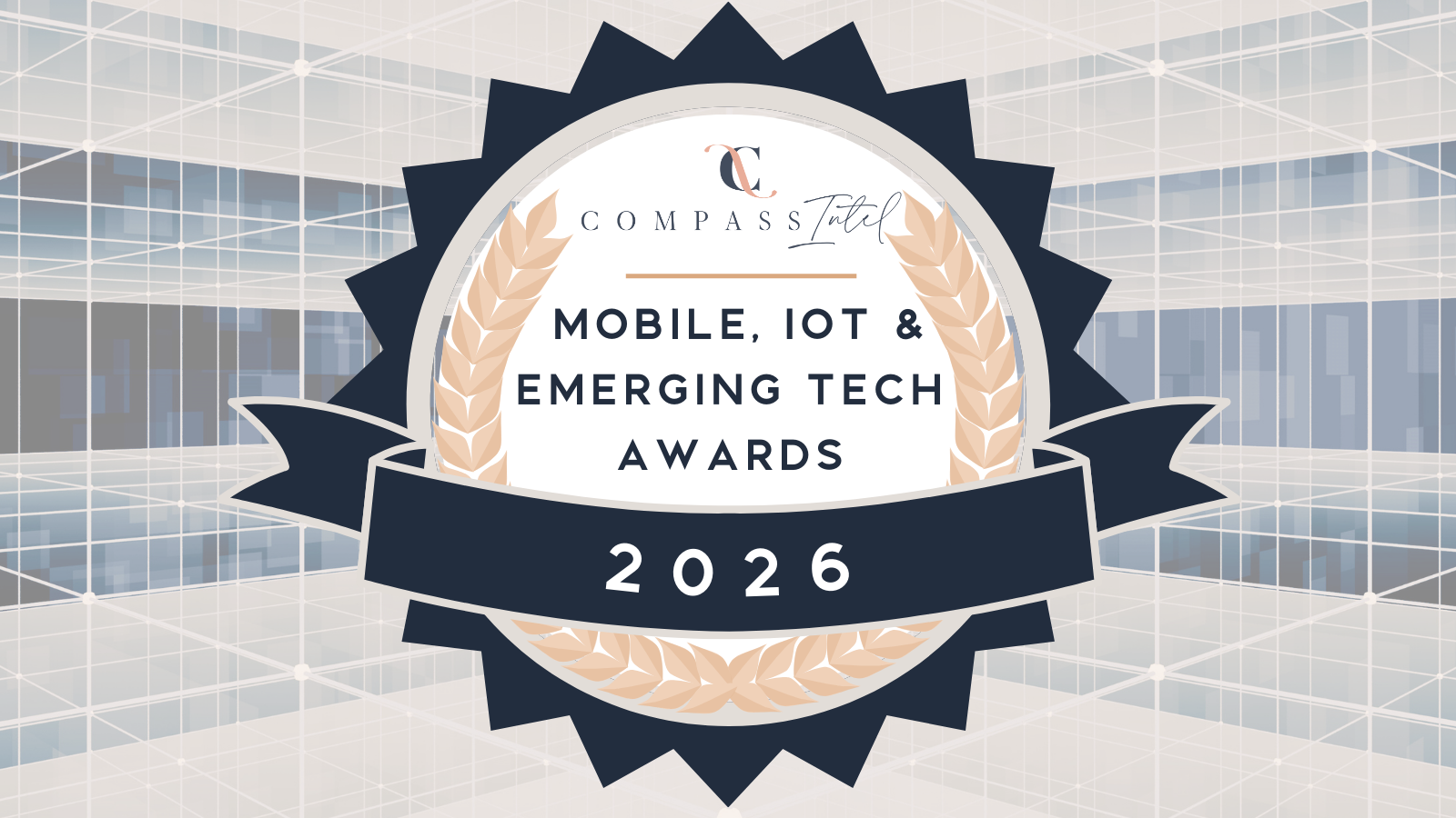 Badge for Compass Intel's Mobile, IoT & Emerging Tech Awards 2026 with a gold and navy color scheme and wheat decoration.