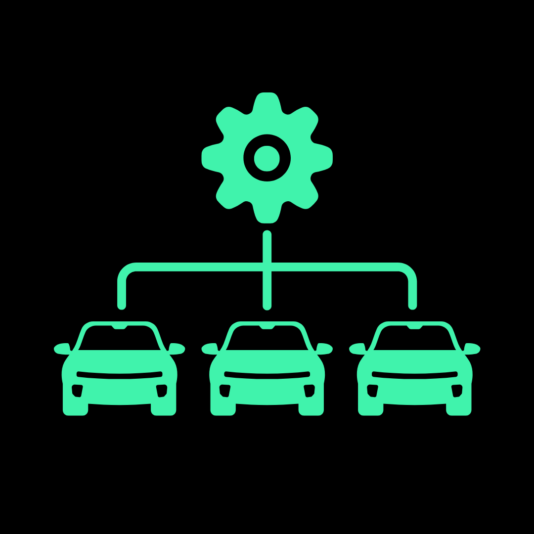Icon of a gear connected to three cars, representing a vehicle management system.
