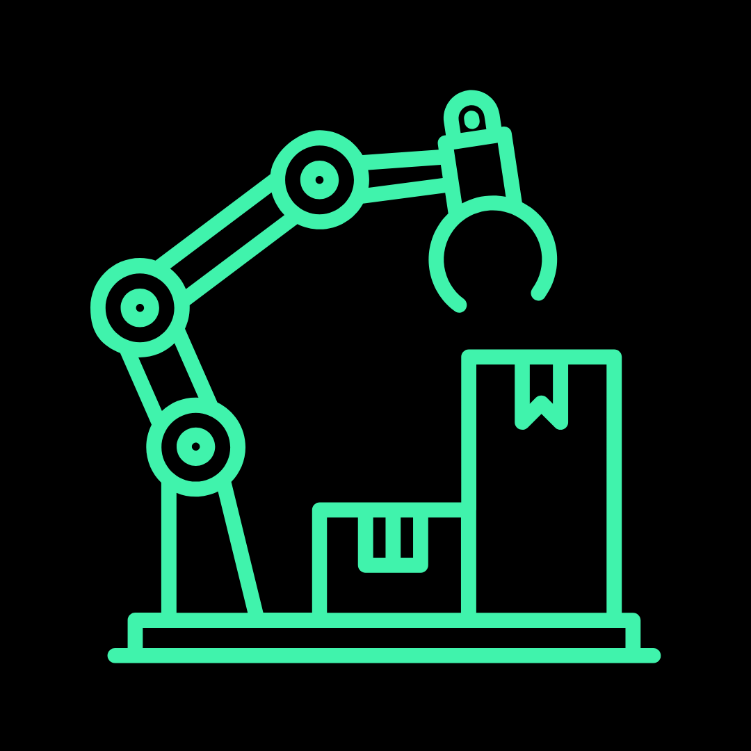 Digital illustration of a robotic arm picking up a box, with two additional boxes on a platform, all depicted with neon green lines on a black background.