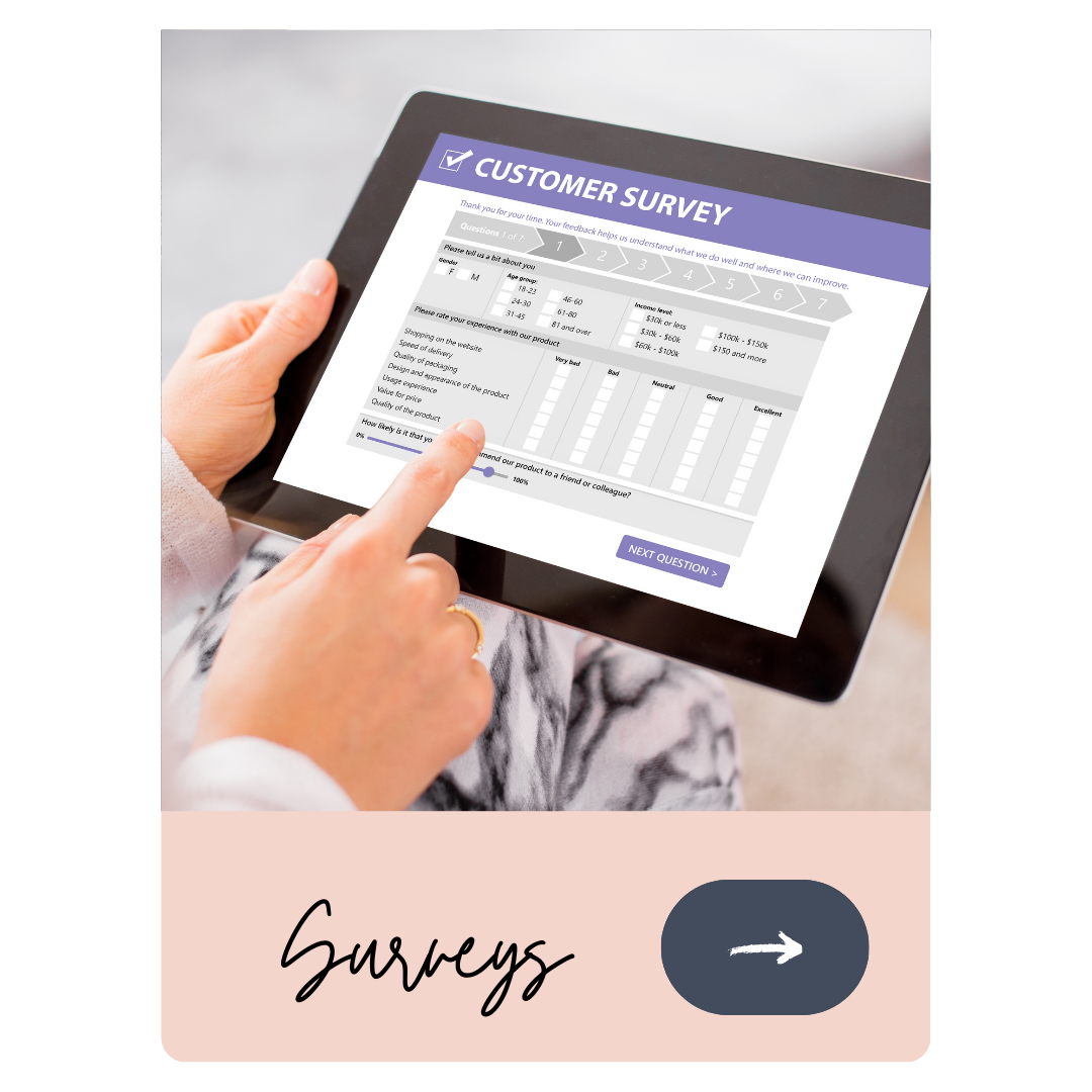 A person using a tablet to fill out a customer survey form. The screen shows questions about shopping experience and product quality. The person is wearing a ring and patterned pants.