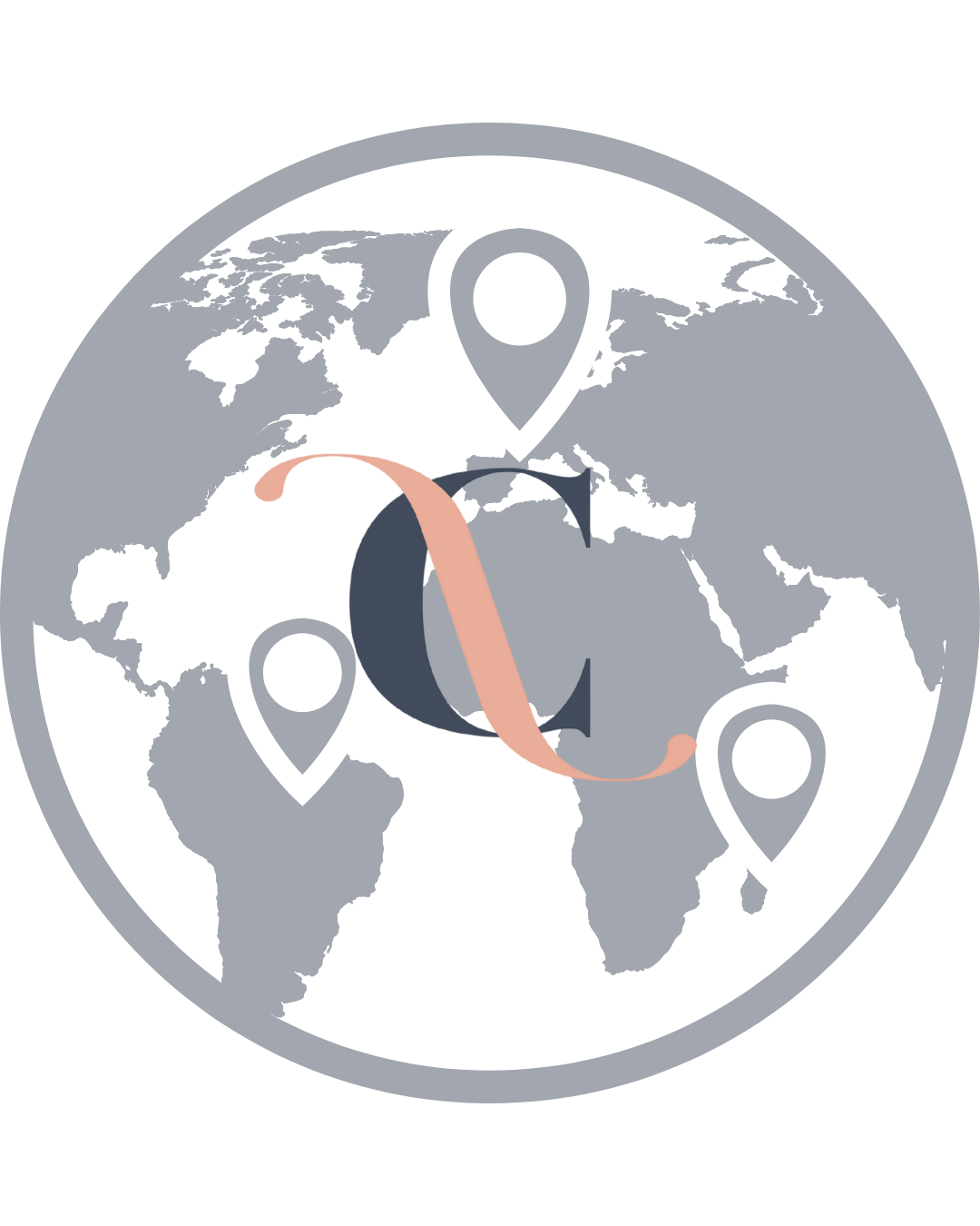 World map with three location pins in different continents connected by a curved arrow, representing global travel or connection.