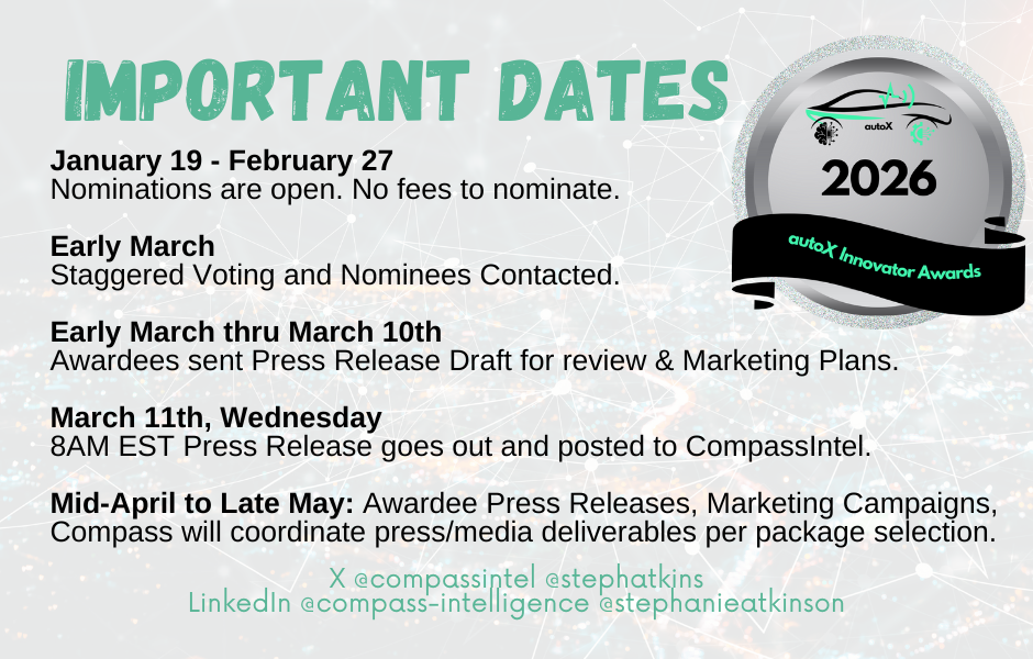 A digital graphic outlining important dates for the autoX Innovator Awards 2026, including nomination periods from January 19 to February 27, early March voting and contacting nominees, March 10 press release review, the March 11 press release announcement, and mid-April to late May press releases and marketing campaigns, with social media contact information at the bottom.