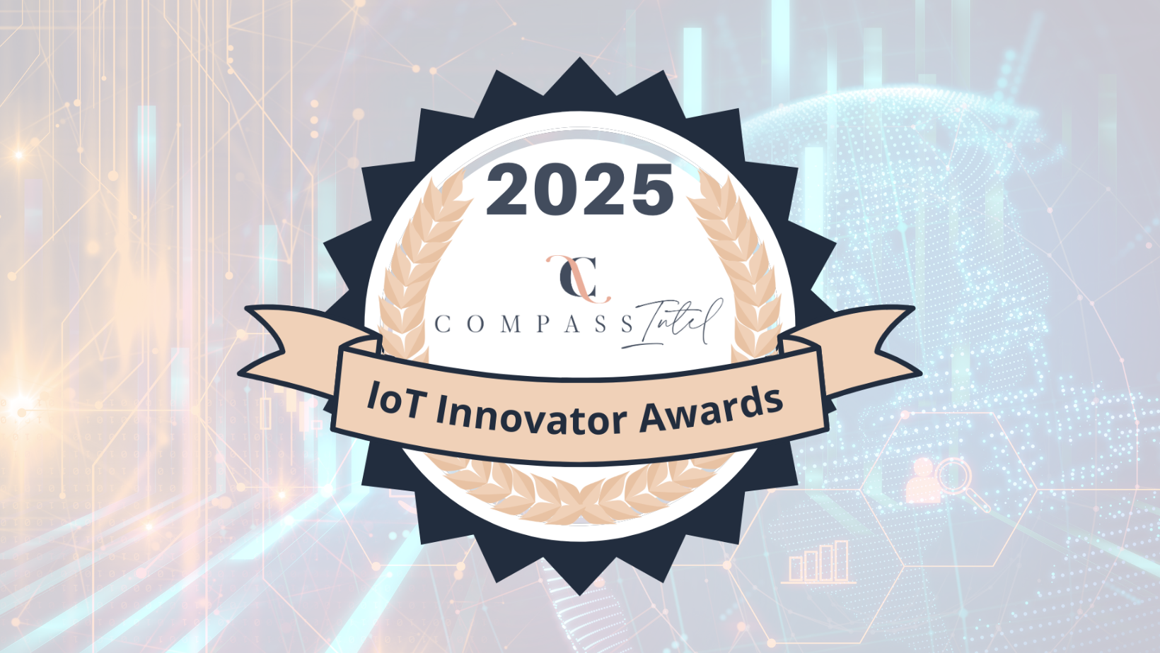Award badge for 2025 IoT Innovator Awards presented by Compass Intel, featuring a laurel wreath, a ribbon with event name, and digital technology background.