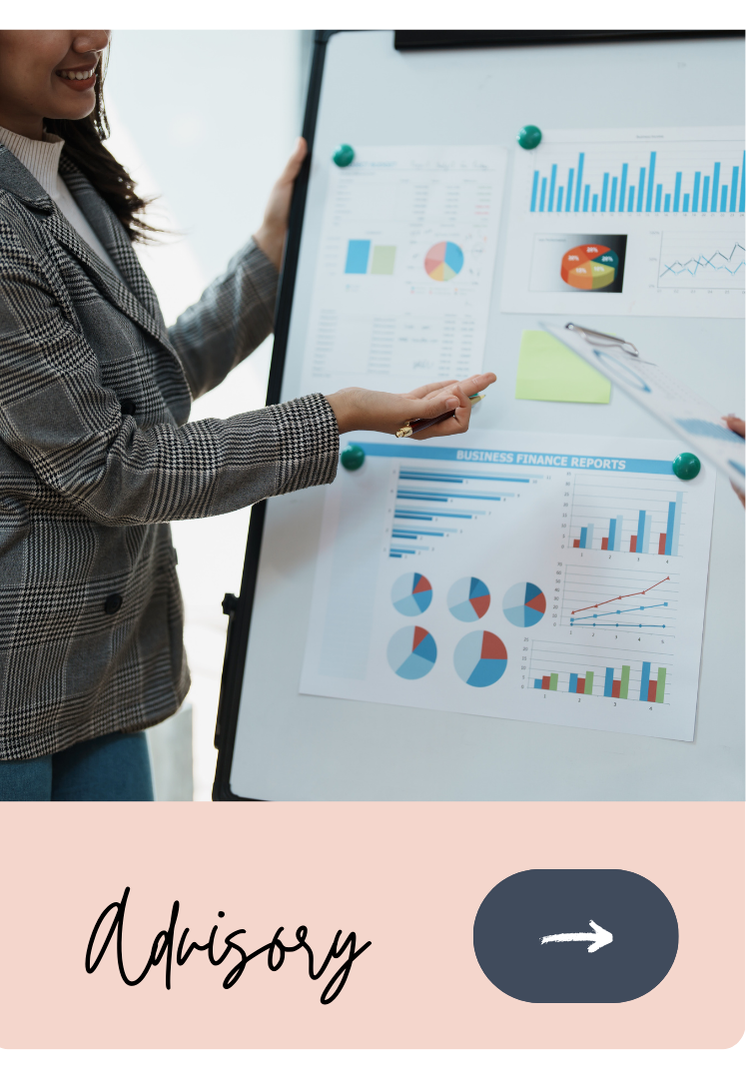 A woman presenting business reports on a whiteboard with various charts and graphs, wearing a checkered blazer.