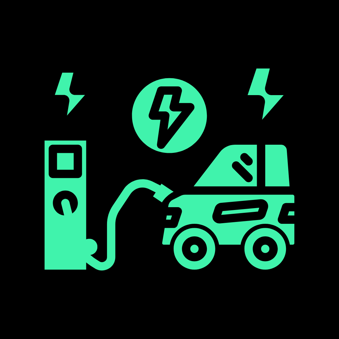 Icon of a car plugged into an electric charging station with electric bolt symbols indicating charging or electricity.