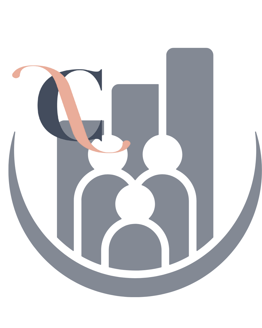 Stylized graphic of a light pink letter C, three human silhouettes, and bar graphs, encircled by a semi-circular arrow.