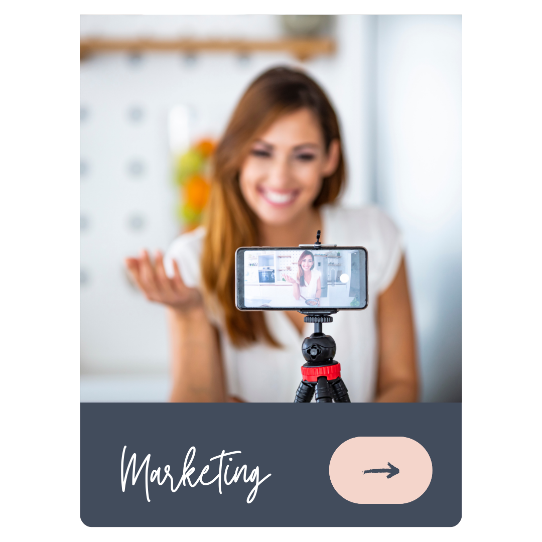 A woman takes a selfie with a smartphone on a tripod, smiling, with a blurred background and a marketing label at the bottom.