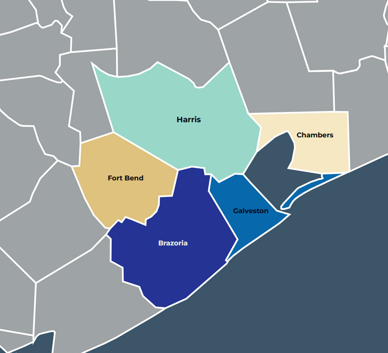 Map showing the counties of Harris, Fort Bend, Chambers, Brazoria, and Galveston in Texas.
