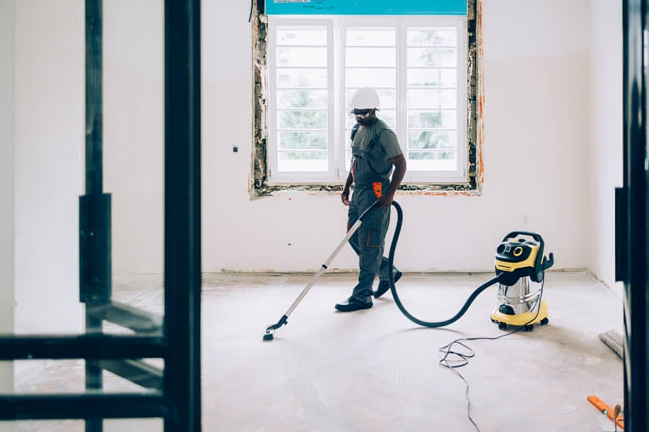 A construction worker wearing safety gear vacuuming a floor in an unfinished room with large window and exposed wall edges.