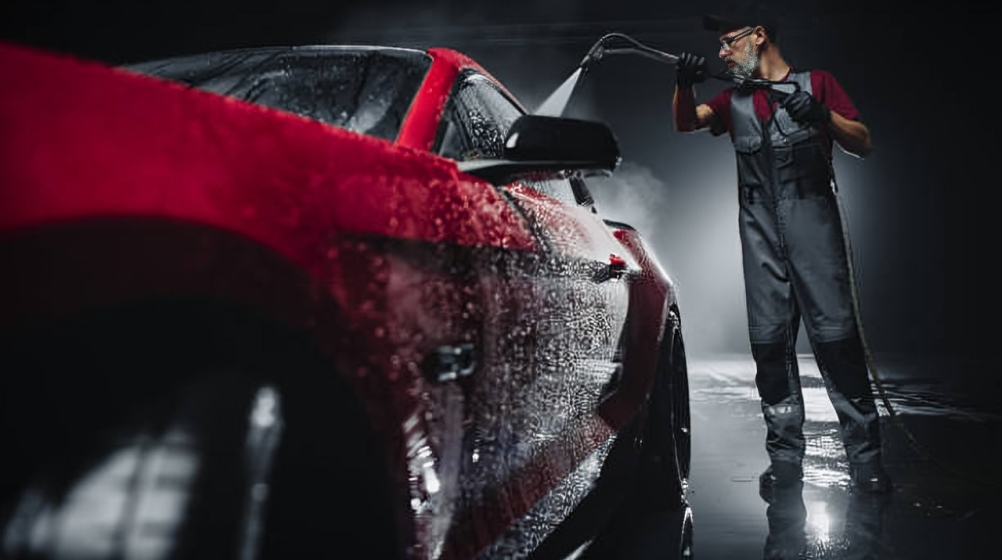 Man washing a red sports car with a high-pressure hose in a dark, wet environment.