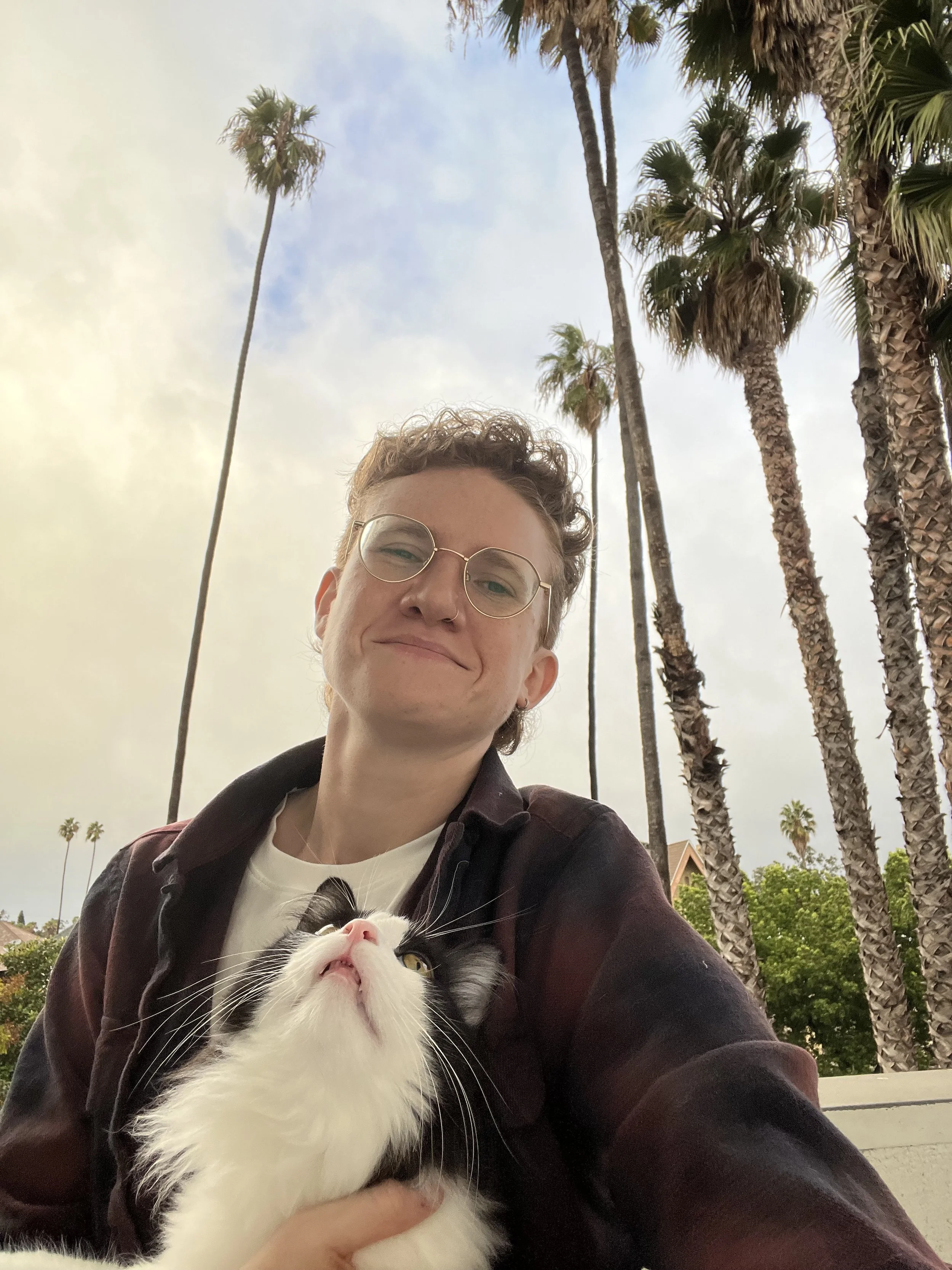A person with glasses and a slight smile taking a selfie outdoors, holding a black and white cat that looks upwards, with tall palm trees and a cloudy sky in the background.