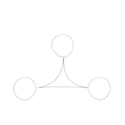 A simple diagram of a molecule with three white spheres connected by lines, arranged in a triangular shape.