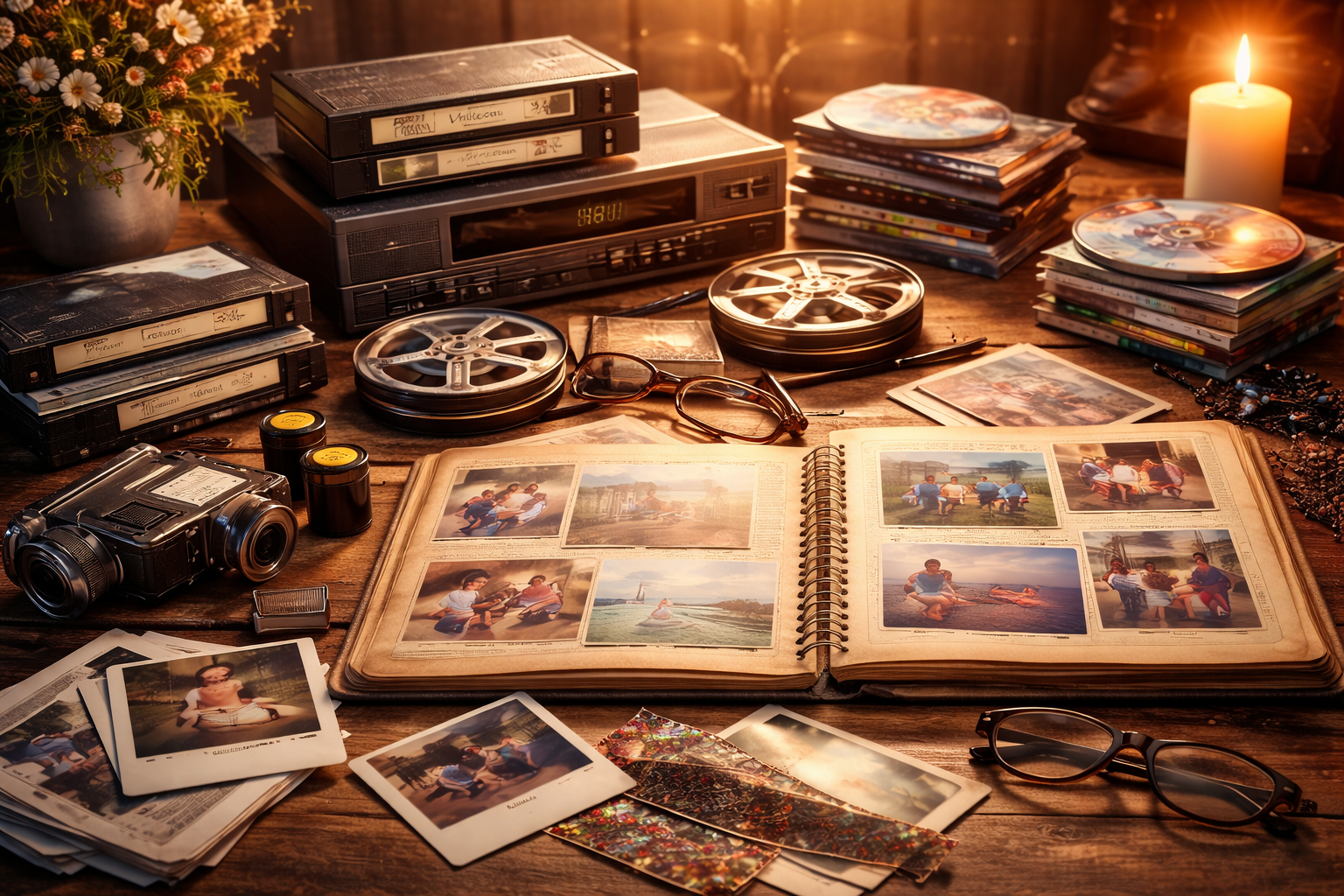 Collection of older photos, vhs tapes and film.