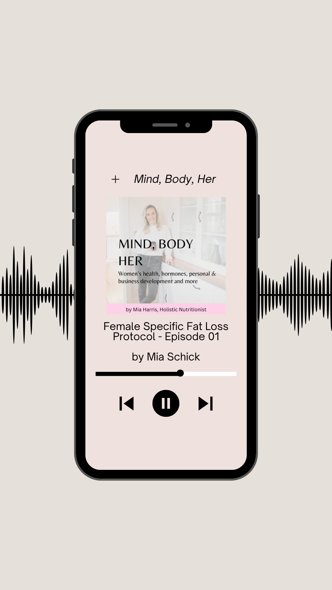 Smartphone display showing a podcast titled 'Mind, Body, Her' on women's health, hormones, and personal development, with a playback bar and controls, and audio waveform graphic in the background.