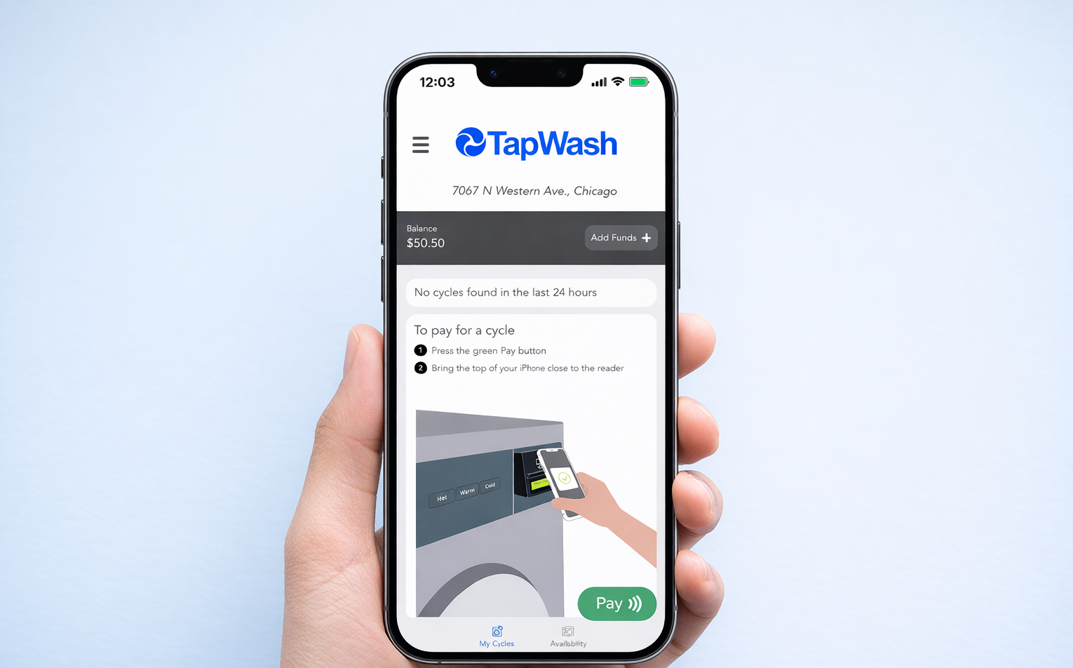 Flat illustration representing a mobile laundry app that lets customers load funds with cash or credit card and use their phone to start washers, dryers, and purchase laundry products at a Chicago laundromat.
