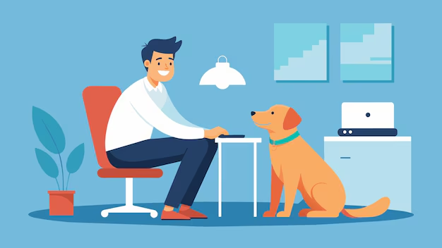 A man sitting in an office chair smiling at a sitting golden retriever dog in an office setting.
