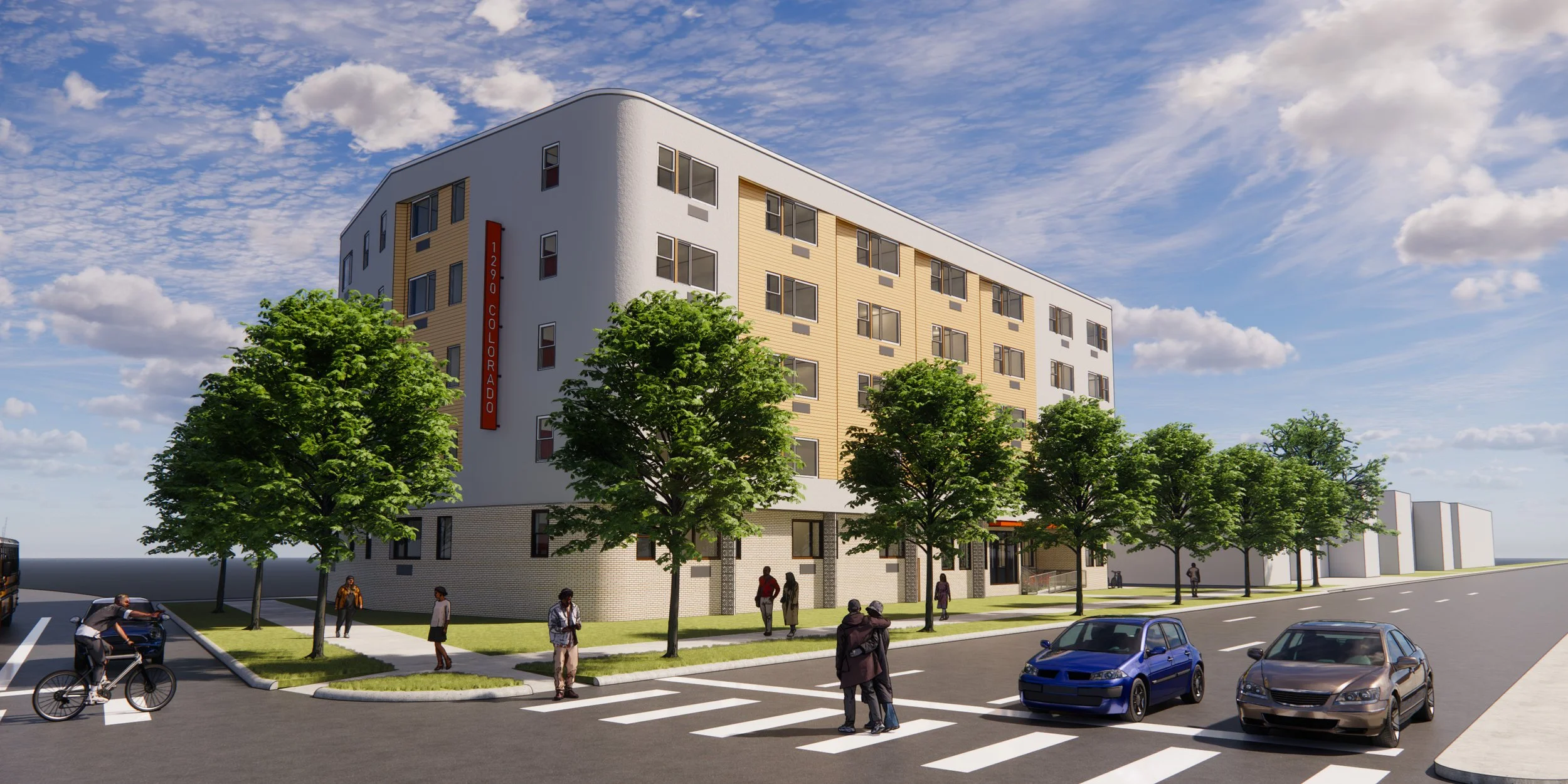 A modern, multi-story apartment building with trees lining the sidewalk, people walking and waiting at a crosswalk, cars parked and driving on the street, and a cyclist in a bike lane, under a partly cloudy sky.
