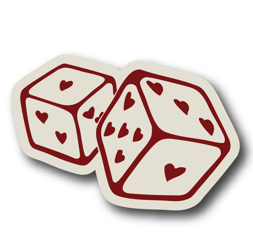 Illustration of three dice with heart symbols on the faces, shown against a black background.