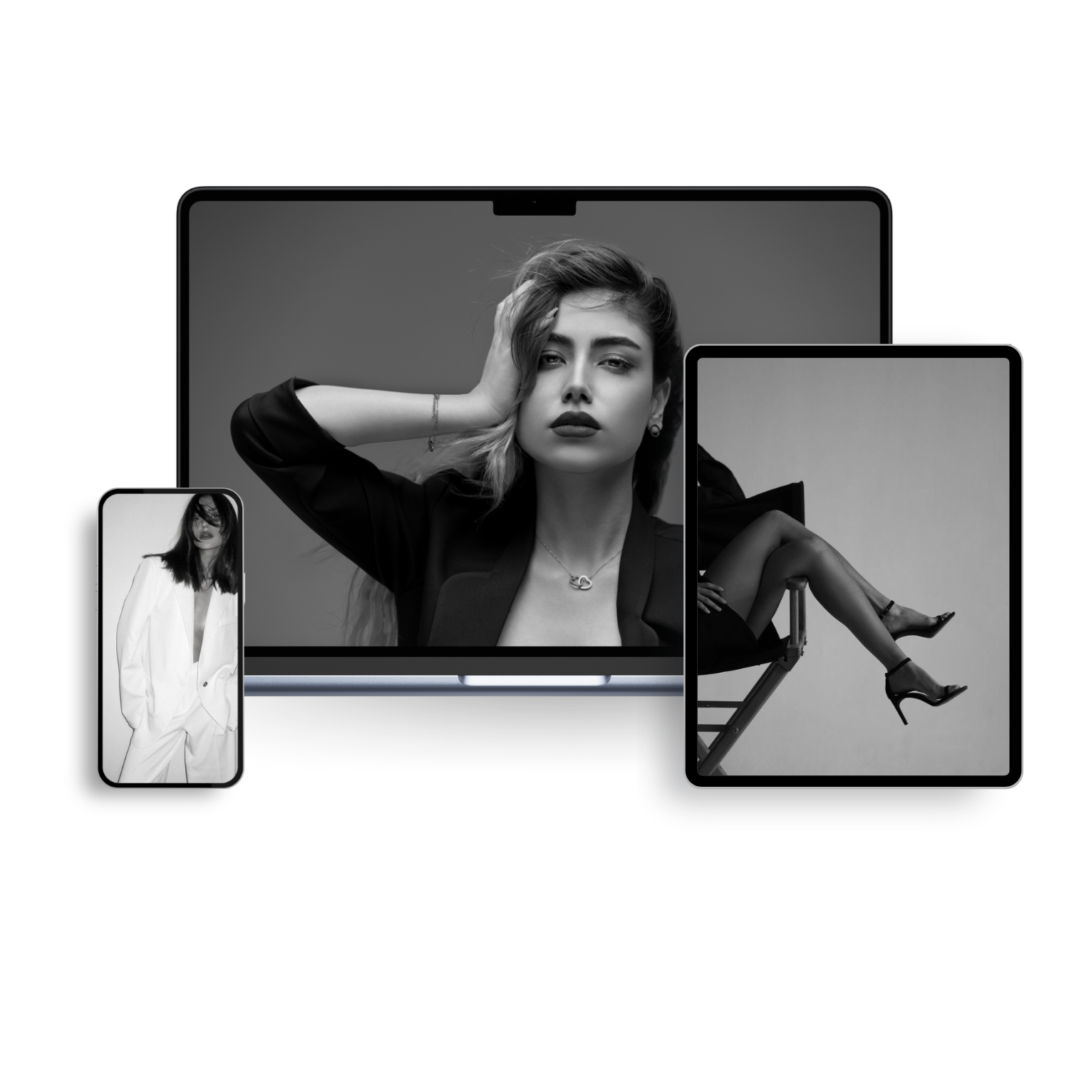 Black and white digital photo display on devices showing a woman with short hair, dark lipstick, and elegant clothing in various poses.