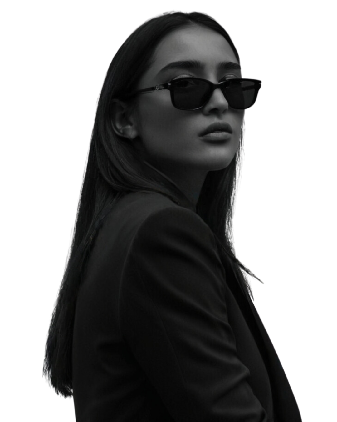 Black and white photo of a woman with long hair wearing sunglasses and a dark blazer, looking over her shoulder.