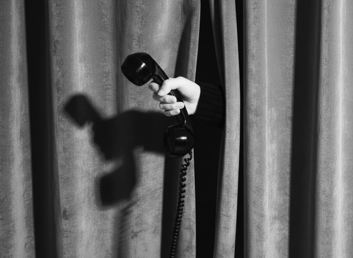 A person holding a vintage rotary phone receiver through curtains, casting a shadow on the wall.
