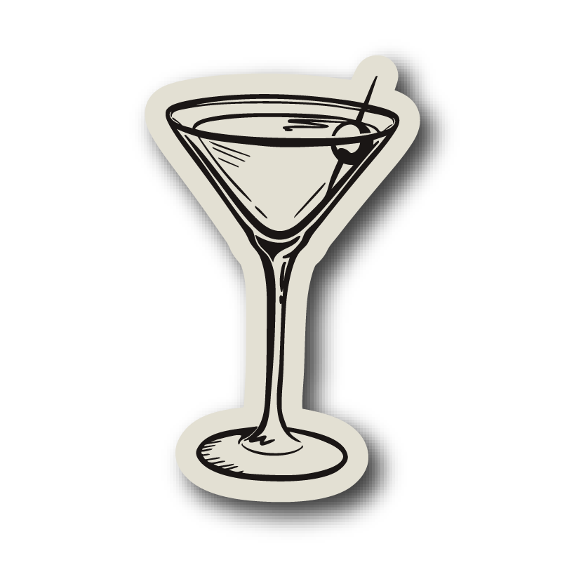 Sketch of a cocktail glass with an olive garnish and a cocktail stir stick.