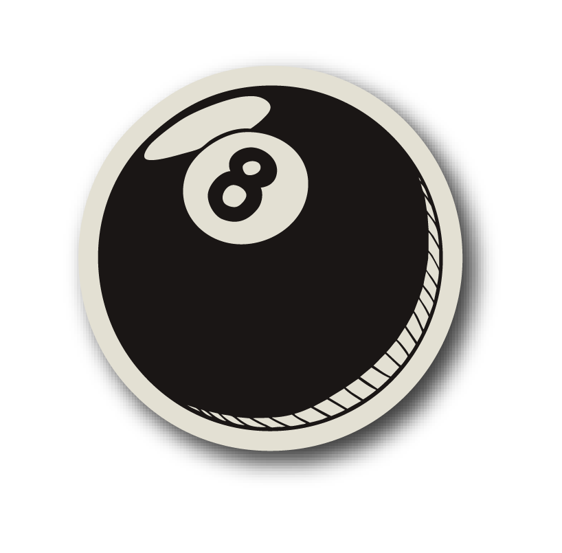Black and white illustration of an 8-ball from a pool game with a white circle outline and number 8