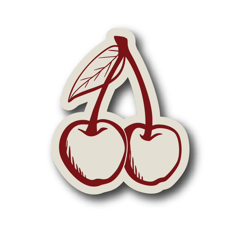 Illustration of two cherries with a cherry leaf on a black background.