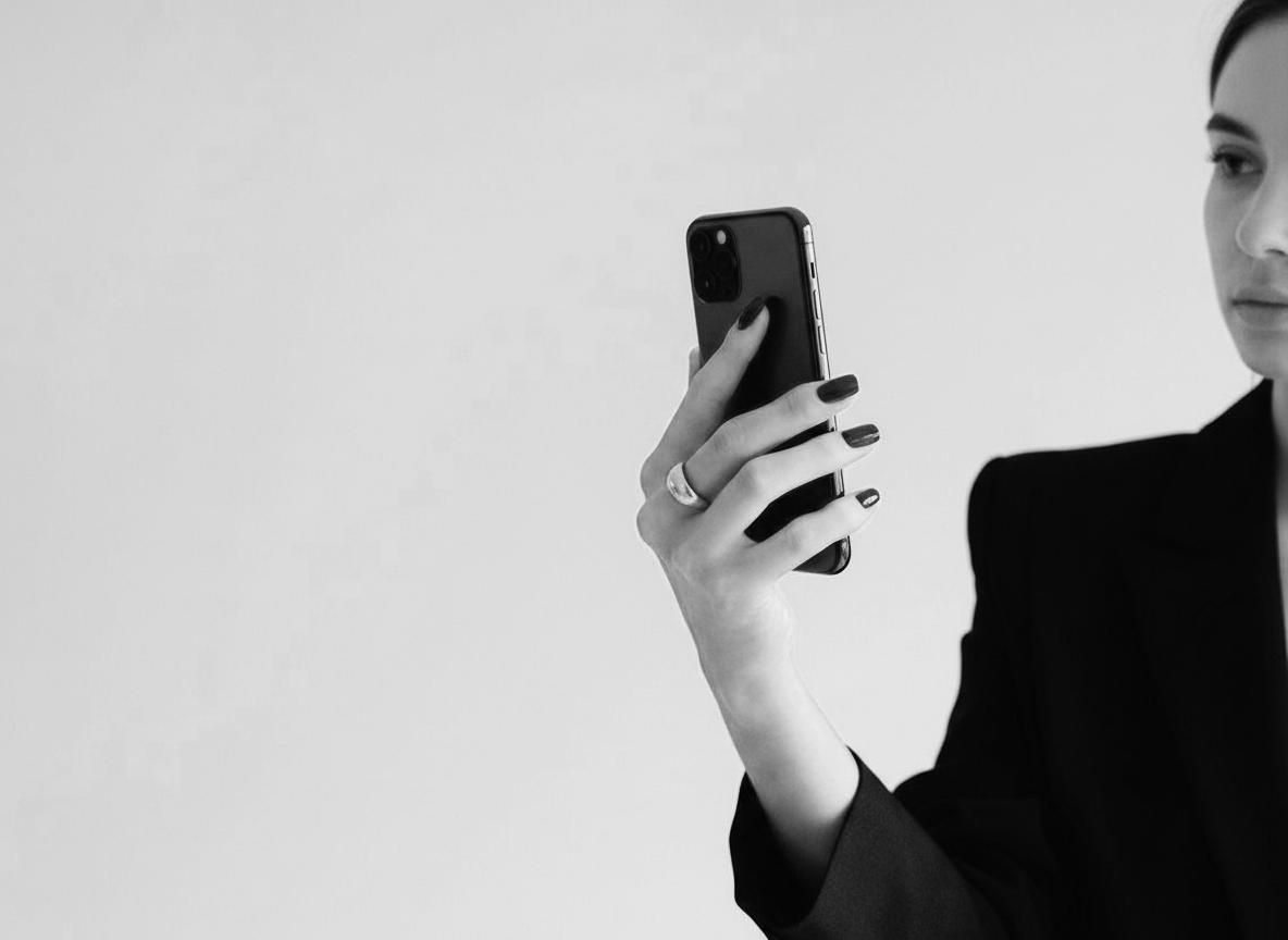 A woman in a professional black suit holding a smartphone, with dark nail polish and a ring, against a plain background.
