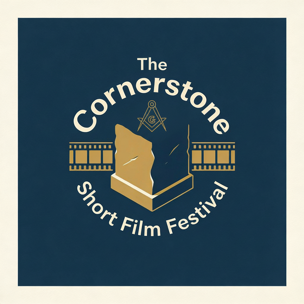 Logo for The Cornerstone Short Film Festival featuring a stylized stone with film strips and a Masonic square and compass symbol.