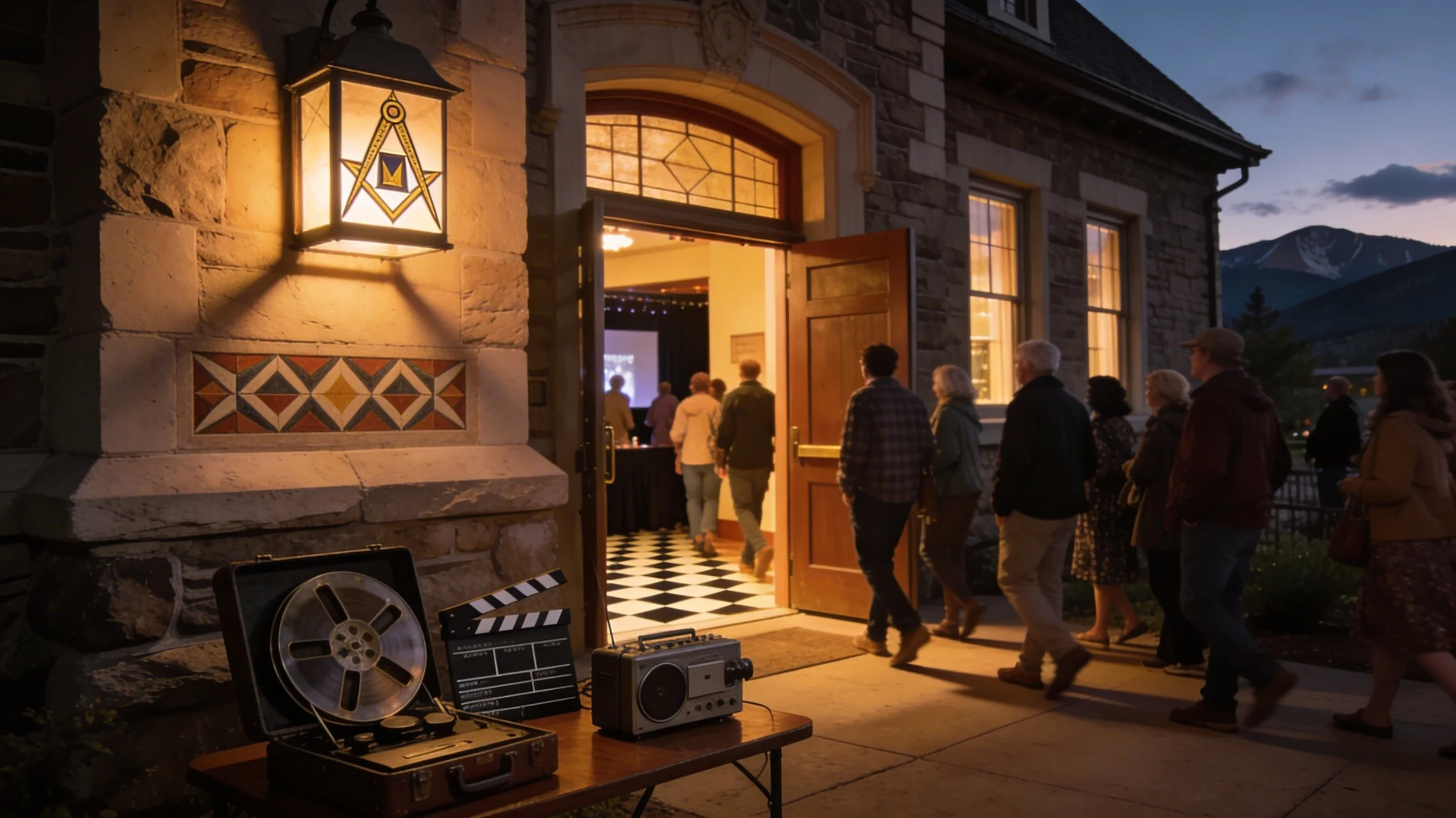 People entering a Masonic building for a film screening at dusk, with film equipment on a table outside and mountains in the background.