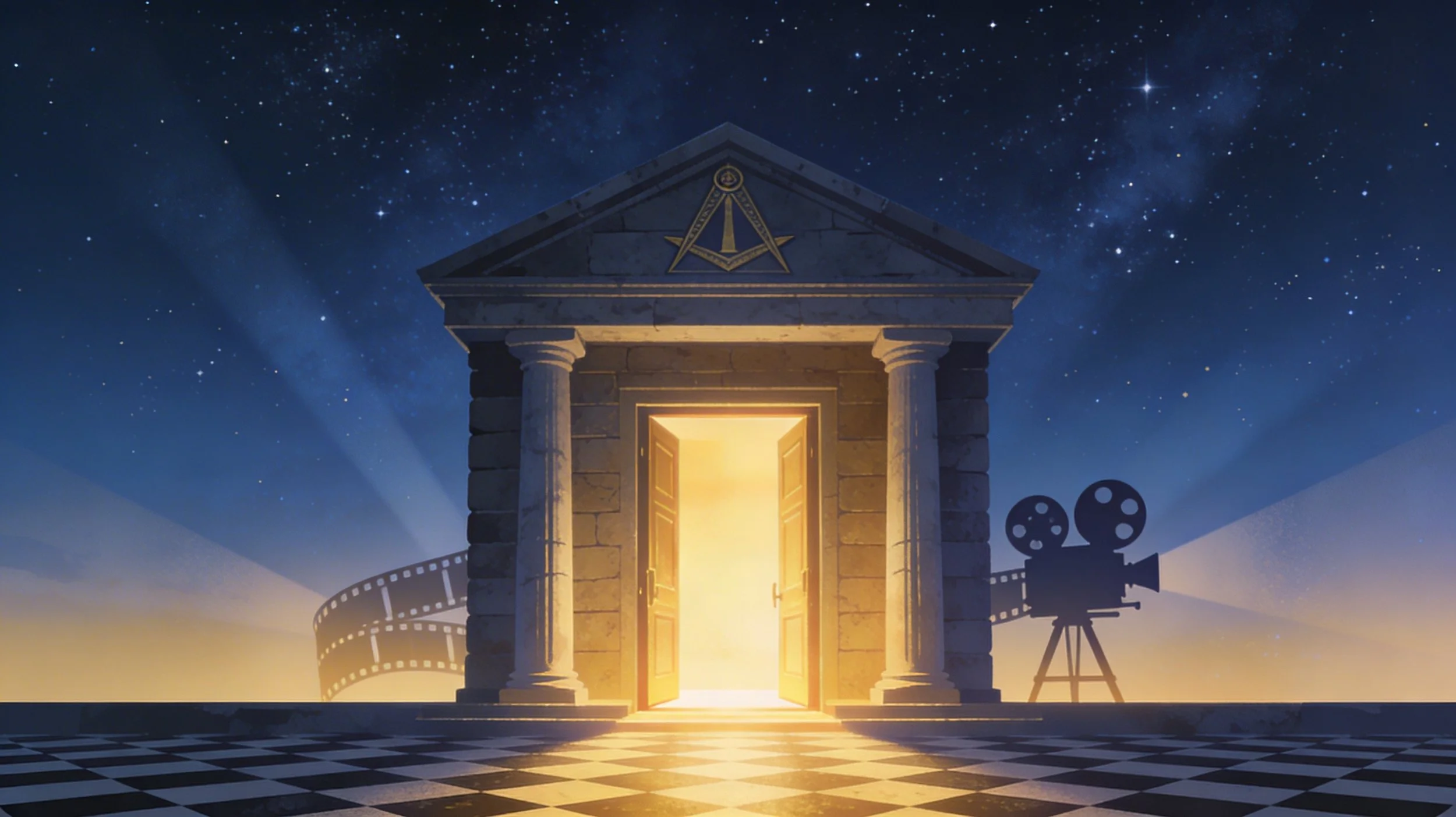 A stone temple with classical columns and a triangular pediment with a compass and square symbol at the top, illuminated by a bright golden light coming from an open door, with a film projector and film reel silhouette on the right, under a starry night sky with the Milky Way.