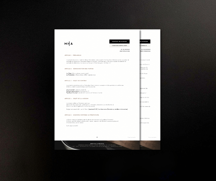 Contrats de Mission pour architectes d’intérieur – conditions générales et particulières, modèles prêts à l’emploi Mahera Design Store.